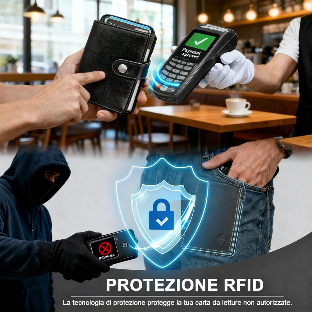 Ali Brothers Portafoglio Uomo in Pelle, Porta Carte di Credito Piccolo Slim Con Protezione RFID, Compatto, Elegante Con Bottone, Scomparti Per Banconote e 12 Slot Per Tessere