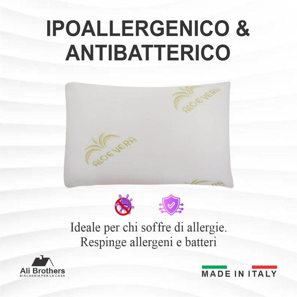 Cuscino Memory Foam Aloe Vera Set 2 Cuscino Ergonomico a Saponetta Antibatterico Ipoallergenico Traspirante per Benessere Notturno e Cuscini Letto Made in Italy per Collo e Cervicale