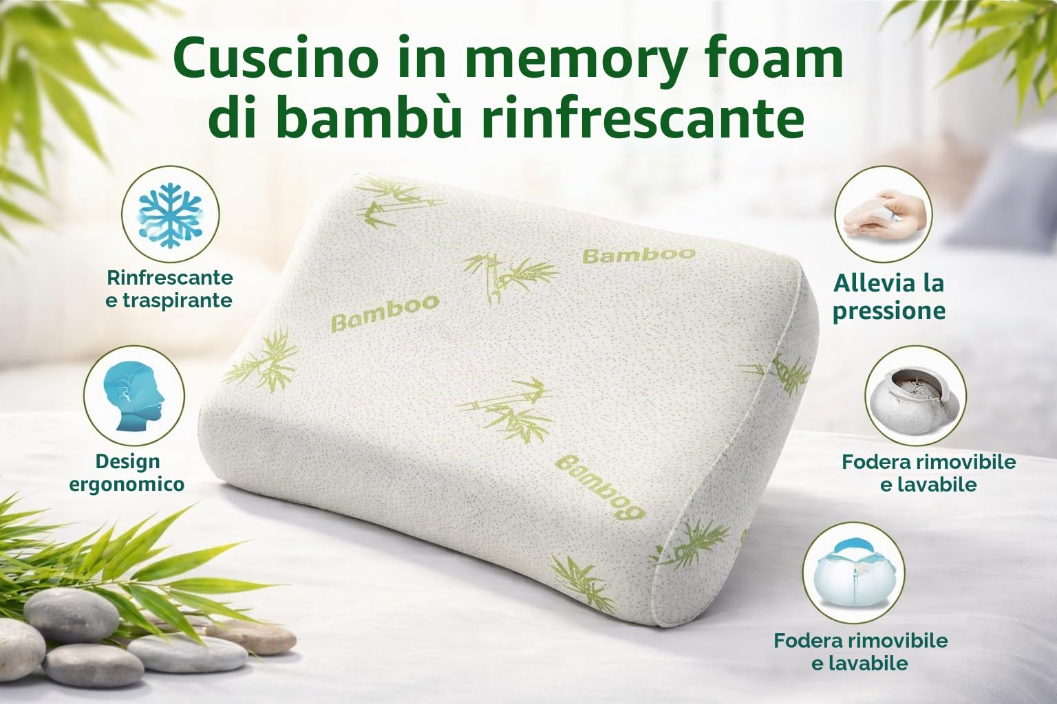 Cuscino Cervicale Memory Foam per Dormire Ortopedico Aloe Vera Guanciale a Doppia Onda Ideale per Supporto al Collo Ergonomico Traspirante Antirussamento Anallergico Federa Bamboo Lavabile