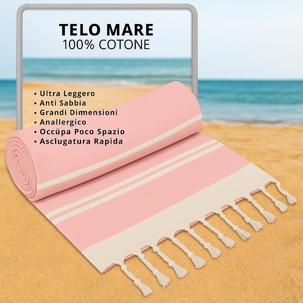 Ali Brothers Telo Mare Grande 90x170cm 100% Cotone – Asciugamano da Spiaggia con Frange – Antisabbia, Leggero, Assorbente e Compatto – Fouta per Hammam, Sauna, Viaggio, Piscina, Yoga, Campeggio,