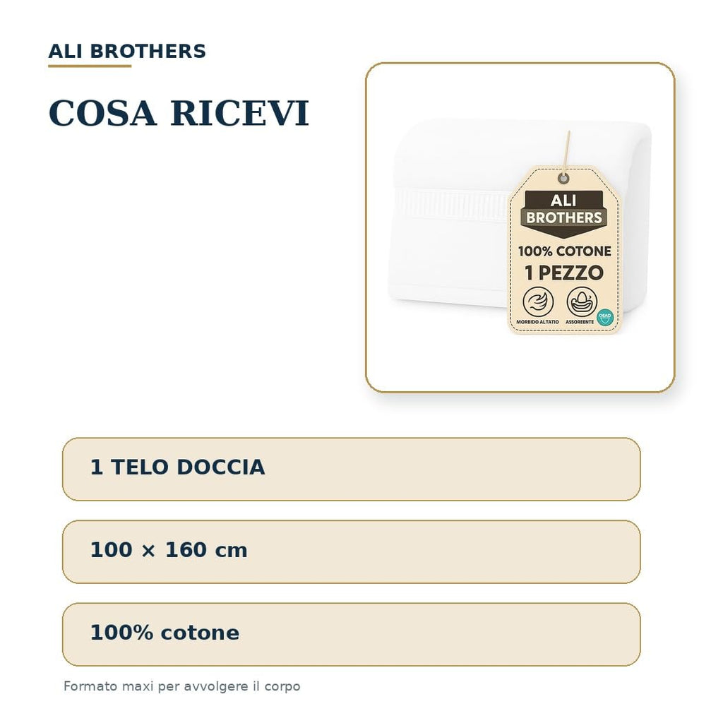 Ali Brothers Telo Doccia Maxi 100x160 cm, Asciugamano Bagno XL in Spugna 100% Cotone, Morbido e Assorbente, Lavabile, Bianco, 1 Pezzo