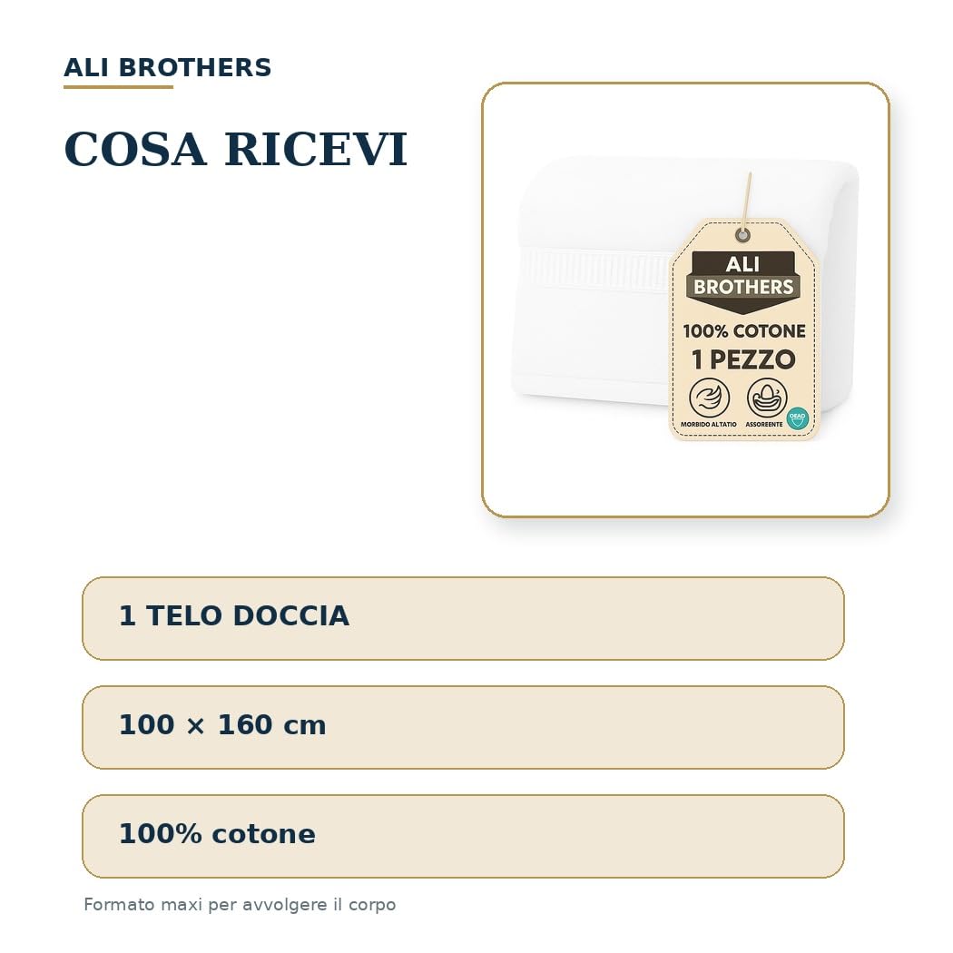 Ali Brothers Telo Doccia Maxi 100x160 cm, Asciugamano Bagno XL in Spugna 100% Cotone, Morbido e Assorbente, Lavabile, Bianco, 1 Pezzo