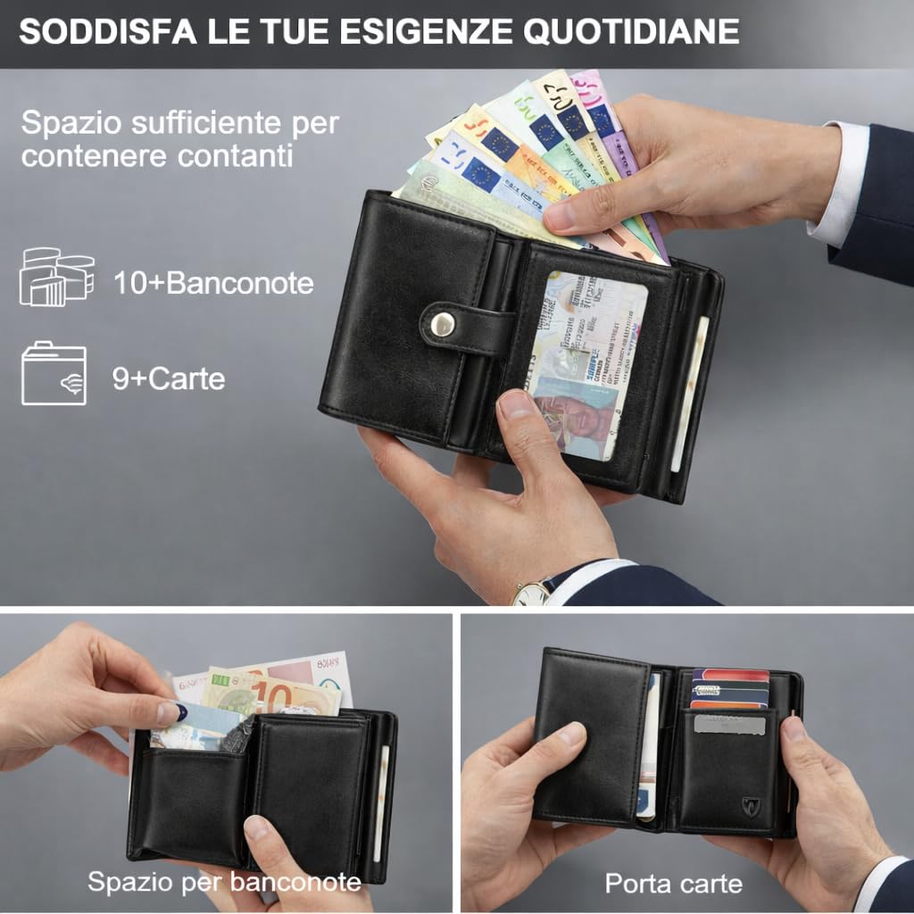 Ali Brothers Portafoglio Uomo in Pelle, Porta Carte di Credito Piccolo Slim Con Protezione RFID, Compatto, Elegante Con Bottone, Scomparti Per Banconote e 12 Slot Per Tessere