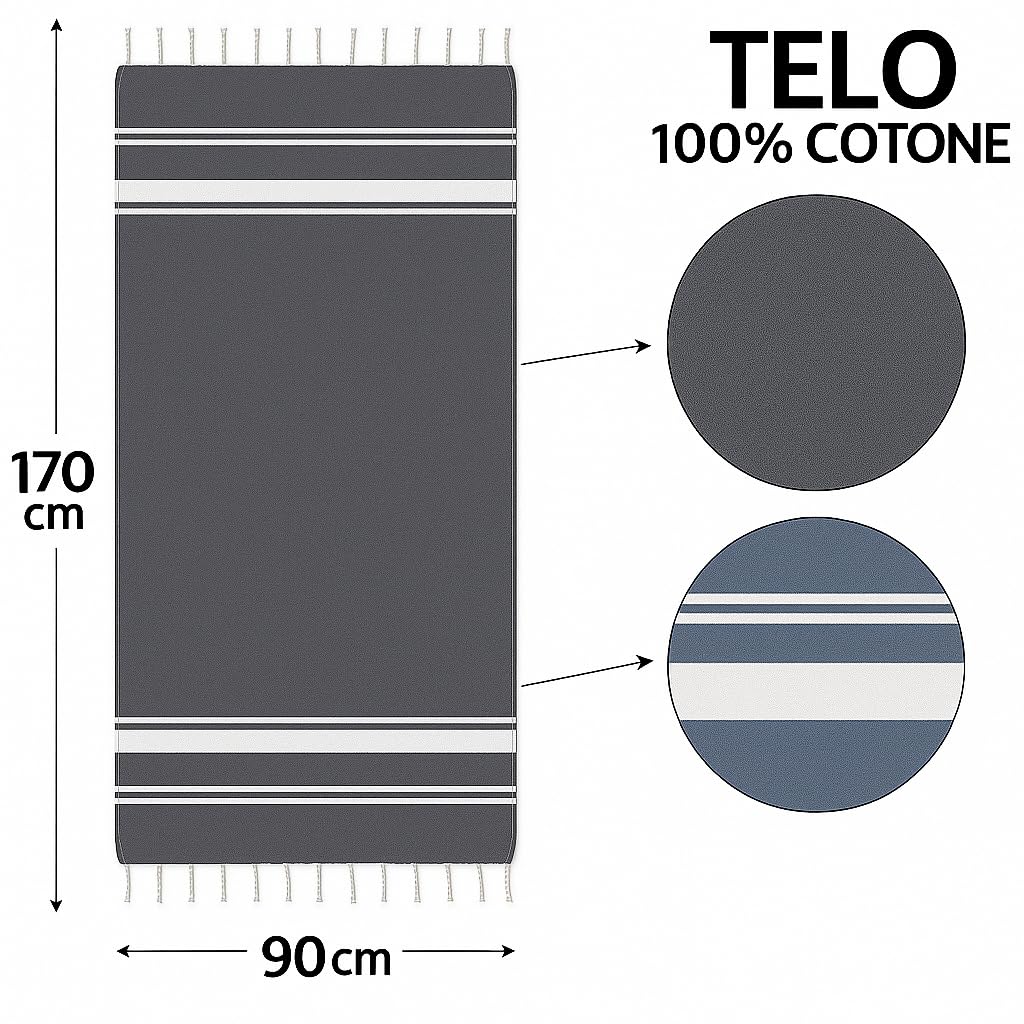 Ali Brothers Telo Mare Grande 90x170cm 100% Cotone – Asciugamano da Spiaggia con Frange – Antisabbia, Leggero, Assorbente e Compatto – Fouta per Hammam, Sauna, Viaggio, Piscina, Yoga, Campeggio,