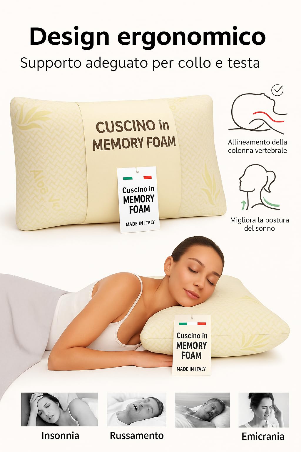 Ali Brothers Cuscino Letto in Memory Foam Ergonomico – Cervicale, Ortopedico, Traspirante, Altezza 13/15 cm – Antiacaro, Made in Italy – Cuscino per Dormire, Collo e Schiena