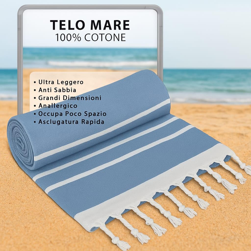 Ali Brothers Telo Mare Grande 90x170cm 100% Cotone – Asciugamano da Spiaggia con Frange – Antisabbia, Leggero, Assorbente e Compatto – Fouta per Hammam, Sauna, Viaggio, Piscina, Yoga, Campeggio,