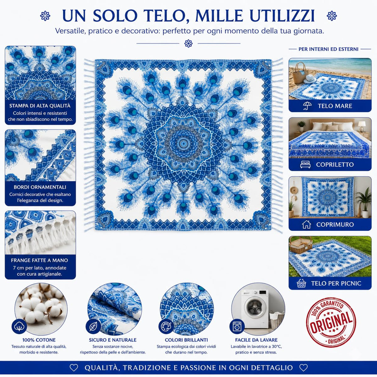 Ali Brothers Telo Mare Grande, cotone 210x230 cm+7cm frange| Telo Spiaggia antisabbia | Asciugamano Mare Fouta, frange e angoli - Pareo Donna Uomo Ragazzi | Pic Nic Beach Towel Coperta, lungo leggero