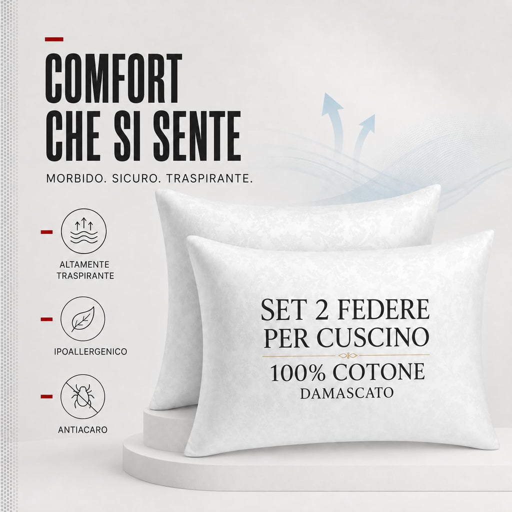Set 2 Federe Cuscino 50x80 cm con Cerniera, 100% Cotone Damascato, Morbide e Traspiranti, Copricuscini Bianchi per Letto Matrimoniale