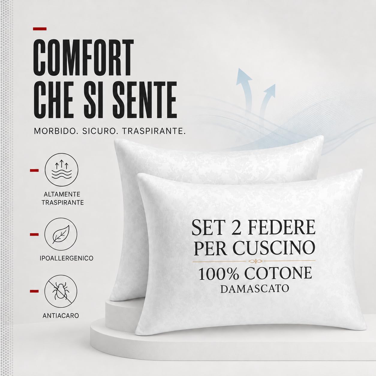 Set 2 Federe Cuscino 50x80 cm con Cerniera, 100% Cotone Damascato, Morbide e Traspiranti, Copricuscini Bianchi per Letto Matrimoniale