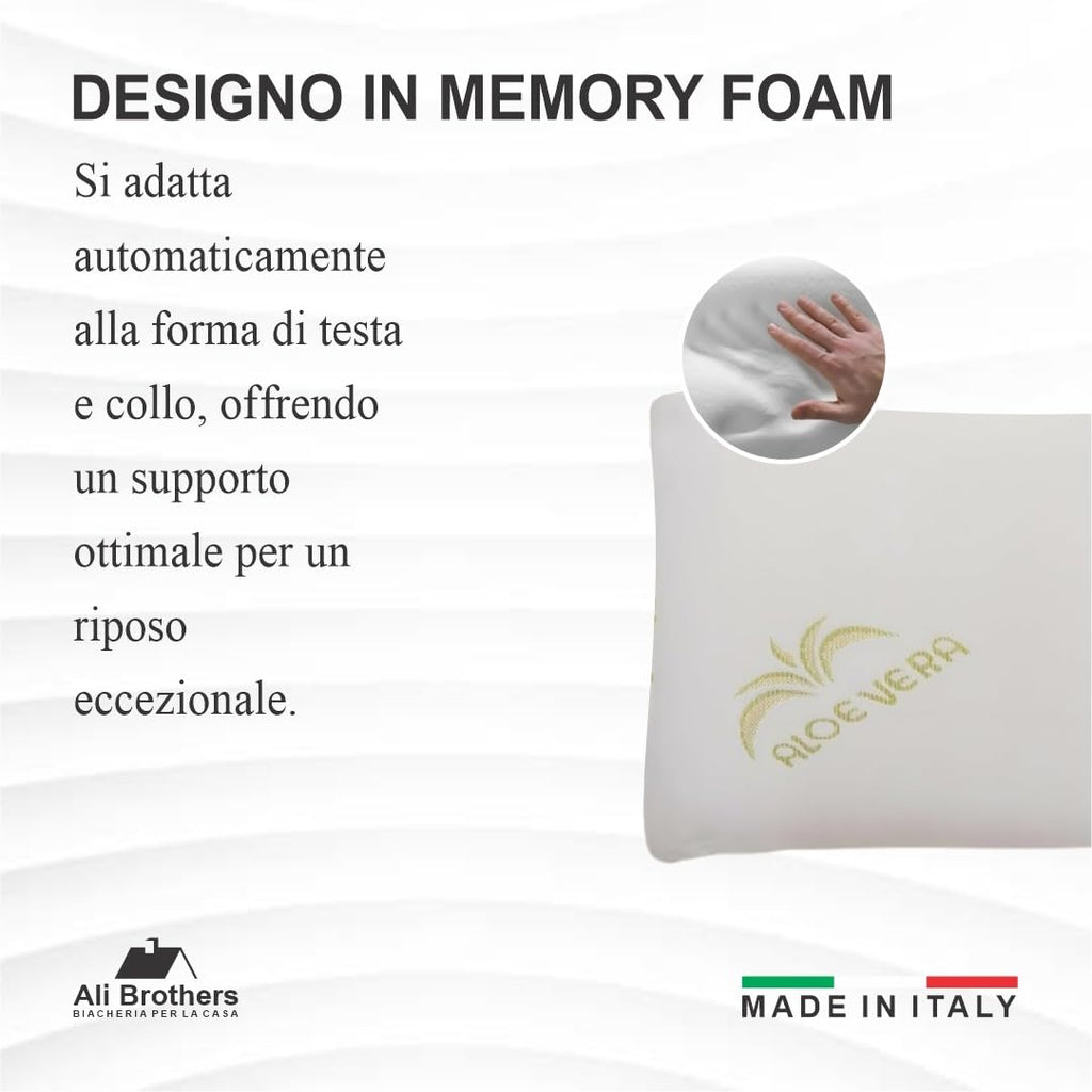 Cuscino Memory Foam Aloe Vera Set 2 Cuscino Ergonomico a Saponetta Antibatterico Ipoallergenico Traspirante per Benessere Notturno e Cuscini Letto Made in Italy per Collo e Cervicale