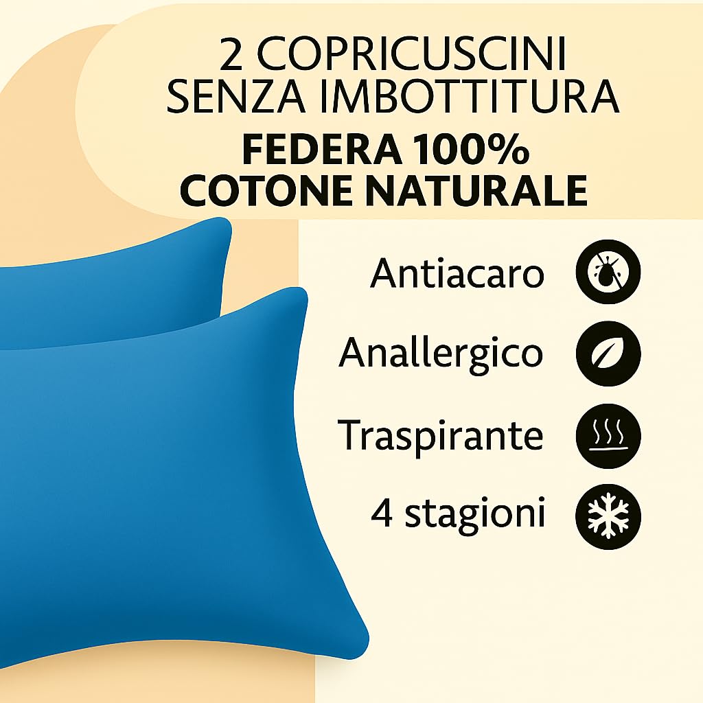 Set 2 Federe Cuscino 50x80 cm – 100% Cotone Morbido e Traspirante – Antipiega, Antiacaro, Lavabili – Naturale per Letto Singolo o Matrimoniale"