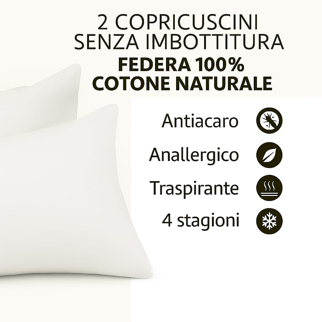 Set 2 Federe Cuscino 50x80 cm – 100% Cotone Morbido e Traspirante – Antipiega, Antiacaro, Lavabili – Naturale per Letto Singolo o Matrimoniale"