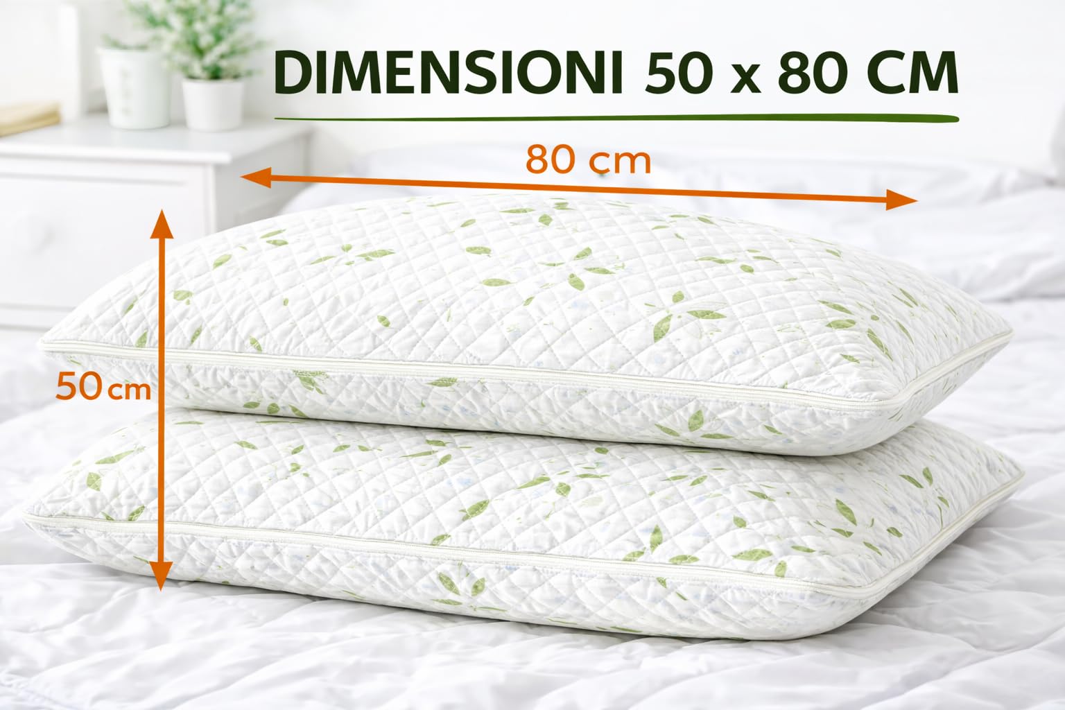 Ali Brothers Federa Cuscino Aloe Vera 50x80 cm – Set 2 Pezzi, Copricuscino Trapuntato con Zip, Traspirante, Anallergico, Morbido e Lavabile, Protezione Guanciale