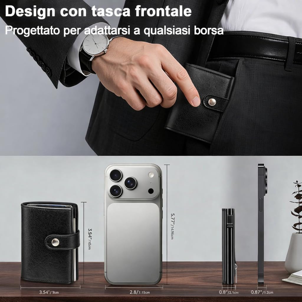 Ali Brothers Portafoglio Uomo in Pelle, Porta Carte di Credito Piccolo Slim Con Protezione RFID, Compatto, Elegante Con Bottone, Scomparti Per Banconote e 12 Slot Per Tessere