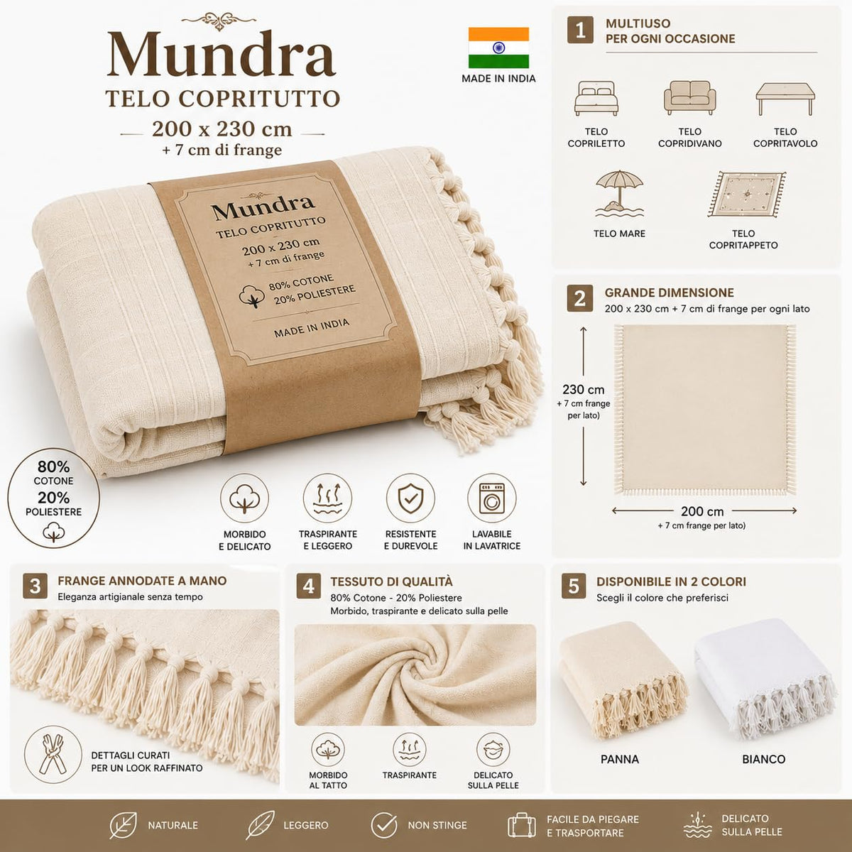 Ali Brothers Telo Copritutto Cotone Made in India 210x240 cm + Frange 7 cm – Copridivano Universale, Copriletto Matrimoniale, Coprimuro, Telo Parete, Coperta Estiva Leggera, Telo Arredo Multiuso
