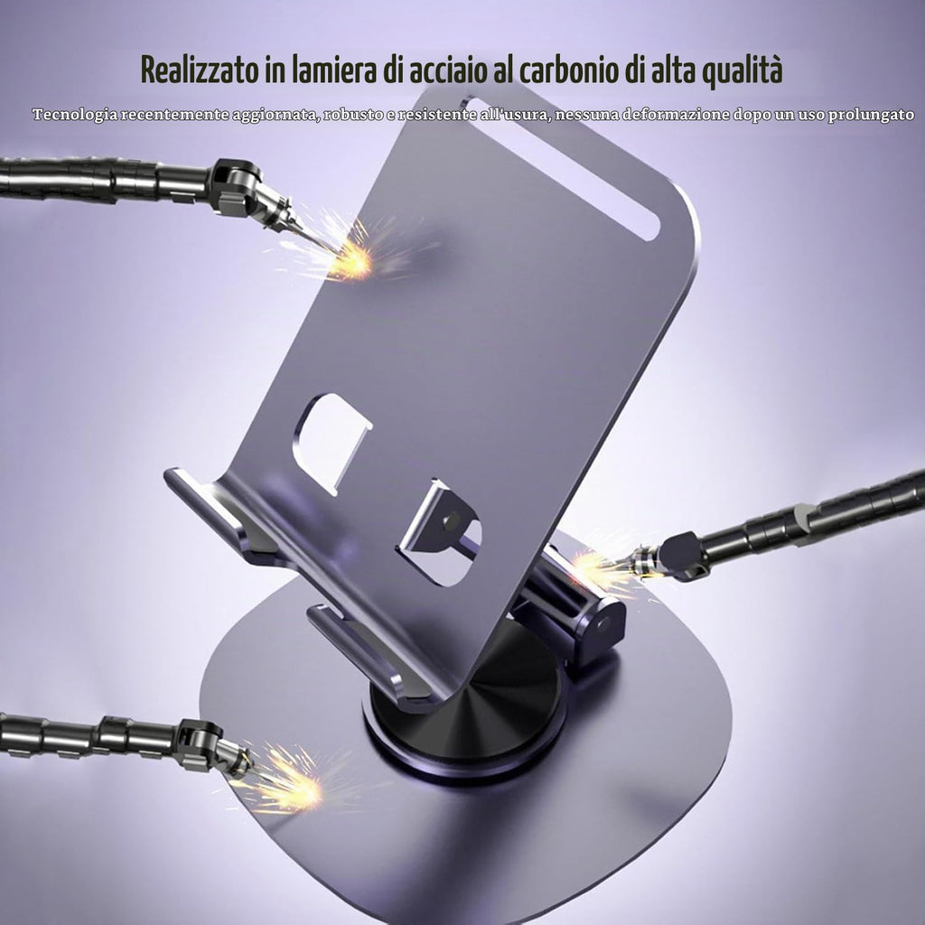 Supporto Telefono da Tavolo, Regolabile a 360° con Rotazione a 360°,Porta Cellulare con Fessura per Ricarica, per Scrivania, Ufficio e casa,, Multi-Angolo,, Porta Telefono Pieghevole in 100% Accaio