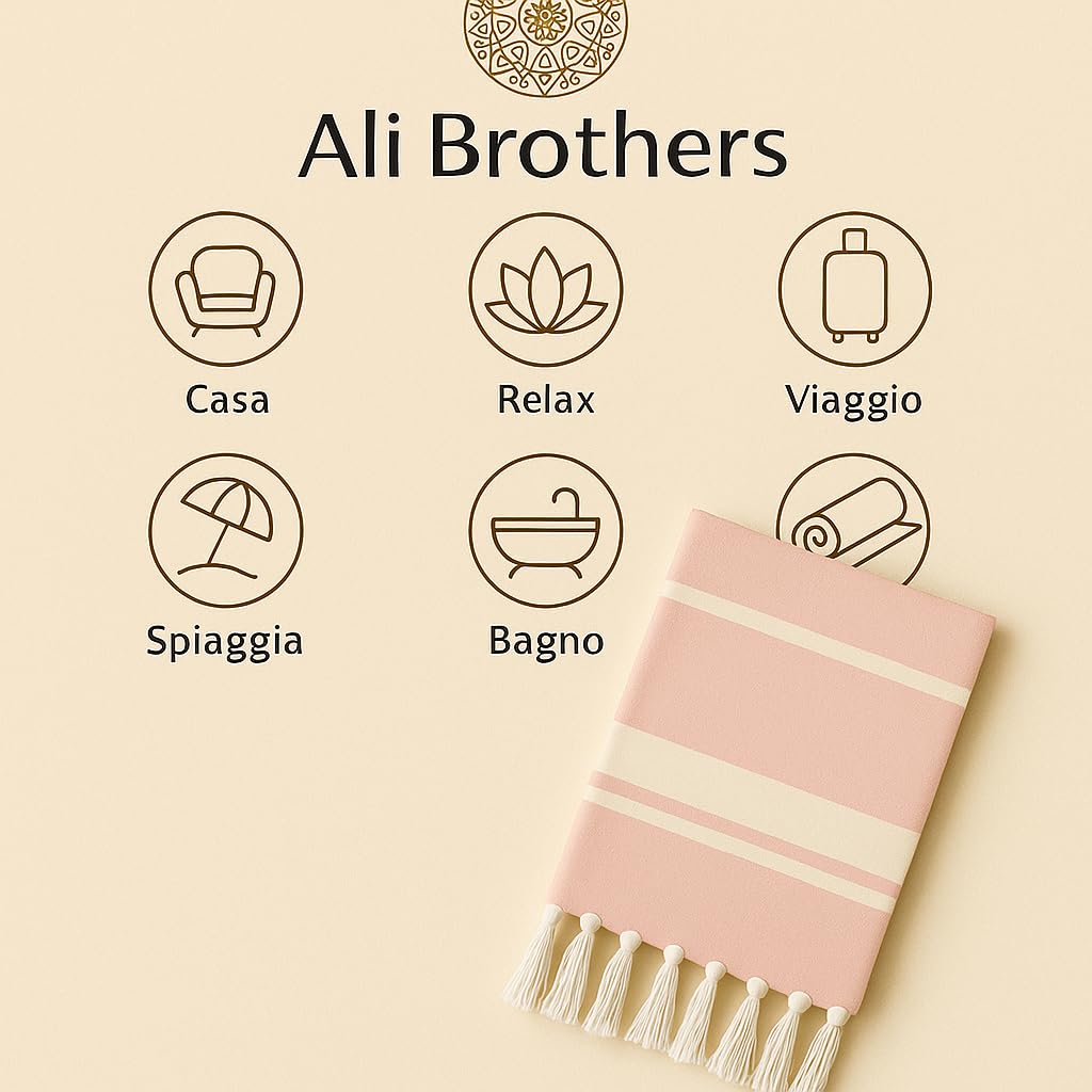 Ali Brothers Telo Mare Grande 90x170cm 100% Cotone – Asciugamano da Spiaggia con Frange – Antisabbia, Leggero, Assorbente e Compatto – Fouta per Hammam, Sauna, Viaggio, Piscina, Yoga, Campeggio,