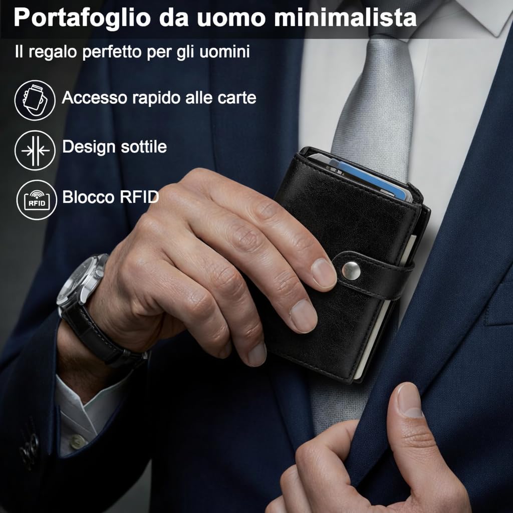 Ali Brothers Portafoglio Uomo in Pelle, Porta Carte di Credito Piccolo Slim Con Protezione RFID, Compatto, Elegante Con Bottone, Scomparti Per Banconote e 12 Slot Per Tessere