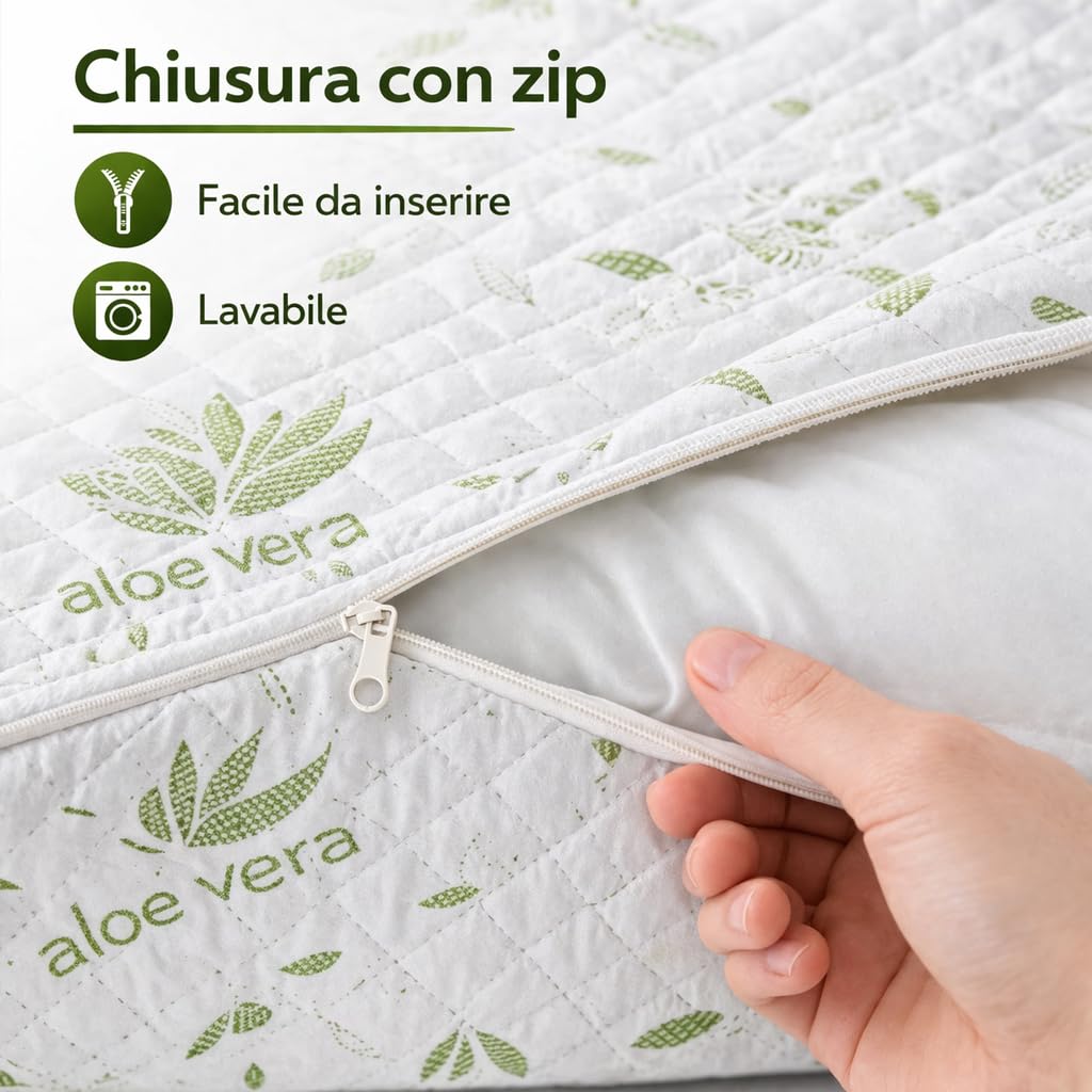 Ali Brothers Federa Cuscino Aloe Vera 50x80 cm – Set 2 Pezzi, Copricuscino Trapuntato con Zip, Traspirante, Anallergico, Morbido e Lavabile, Protezione Guanciale