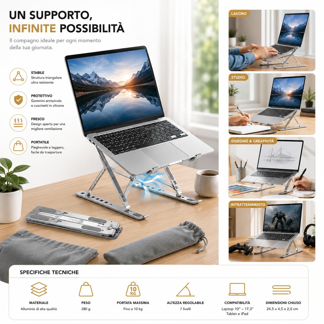 Ali Brothers Supporto per Laptop in Alluminio, Pieghevole e Portatile, Regolabile a 7 Livelli, Antiscivolo, Grigio, Finitura Metallica Anodizzata