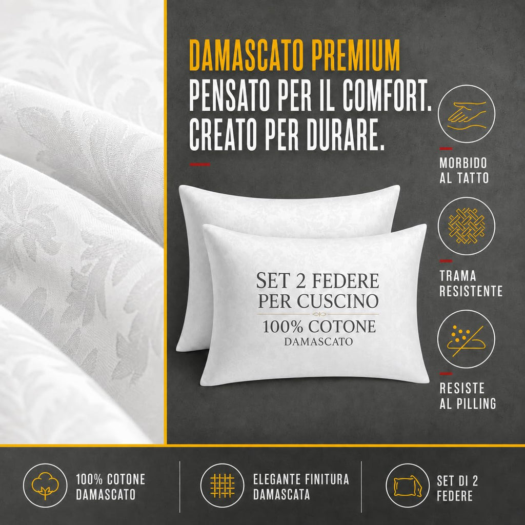 Set 2 Federe Cuscino 50x80 cm con Cerniera, 100% Cotone Damascato, Morbide e Traspiranti, Copricuscini Bianchi per Letto Matrimoniale