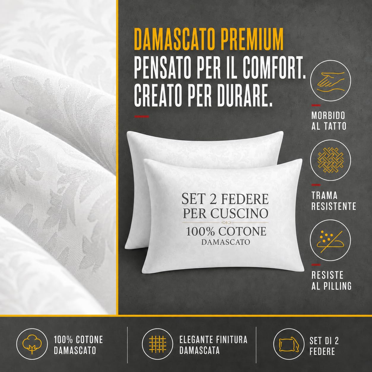 Set 2 Federe Cuscino 50x80 cm con Cerniera, 100% Cotone Damascato, Morbide e Traspiranti, Copricuscini Bianchi per Letto Matrimoniale