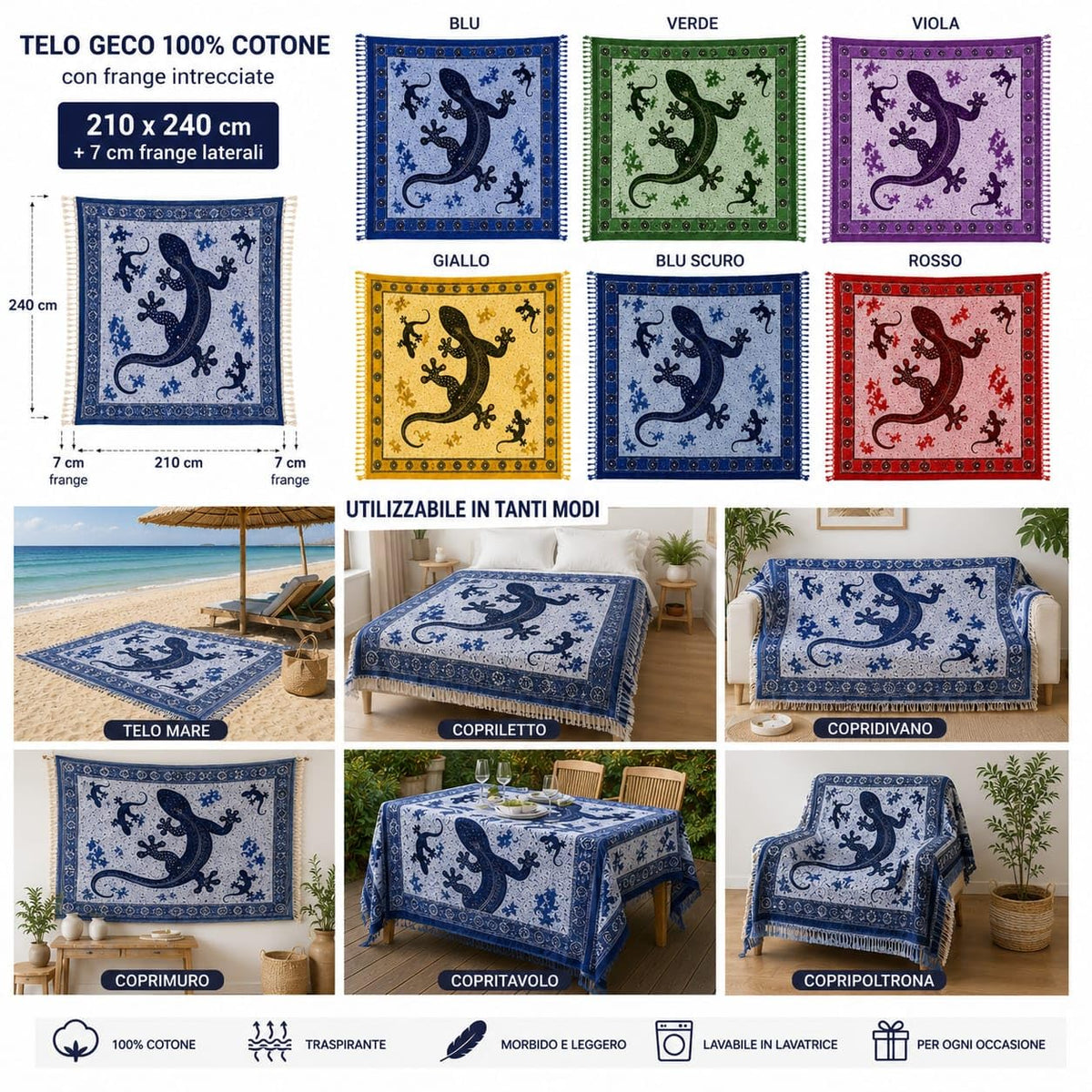 Ali Brothers Telo Copritutto Cotone Made in India 210x240 cm + Frange 7 cm – Copridivano Universale, Copriletto Matrimoniale, Coprimuro, Telo Parete, Coperta Estiva Leggera, Telo Arredo Multiuso
