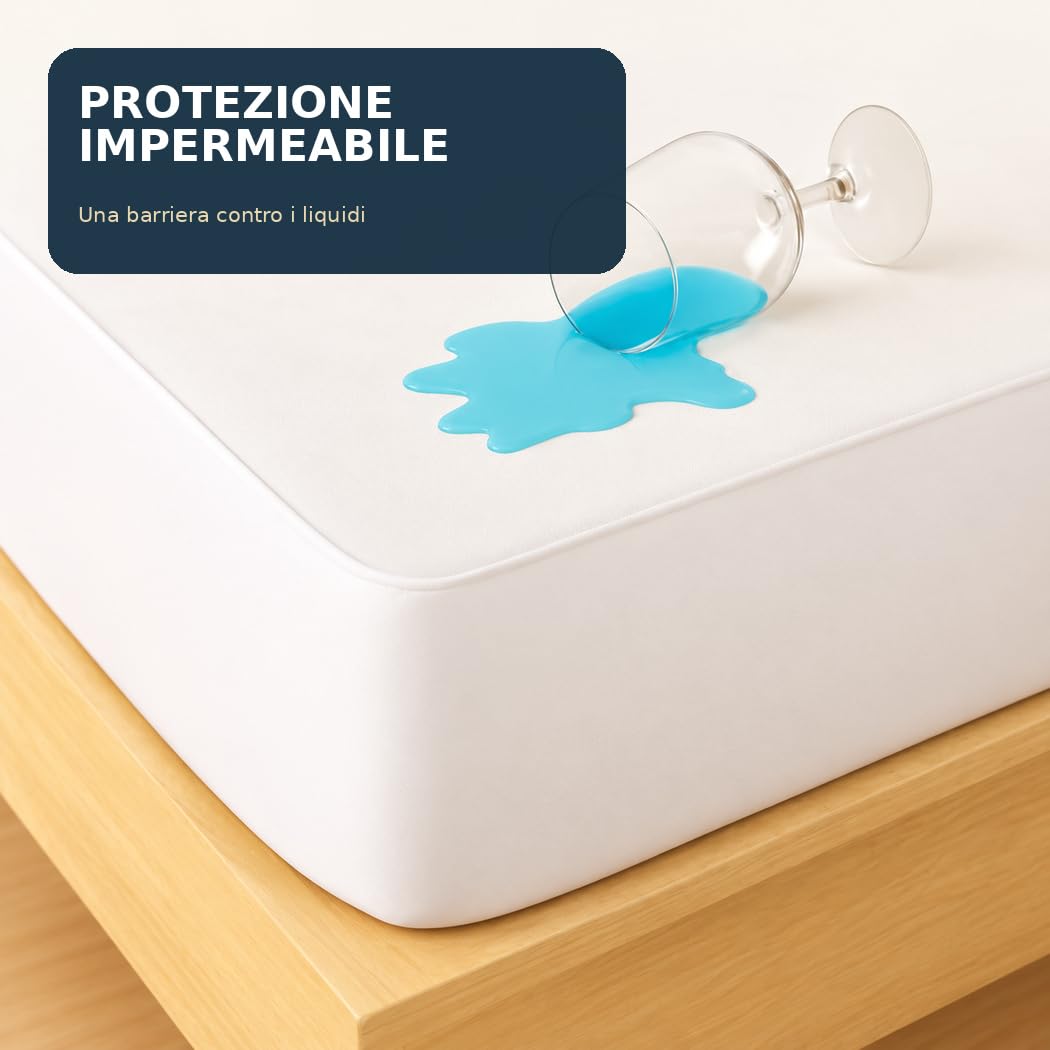 Coprimaterasso Impermeabile – Protezione Per Materasso-Traspirante, Antiacaro – Protezione Letto Lavabile, Top in Spugna Morbida, Vestibilità con Angoli Elasticizzati