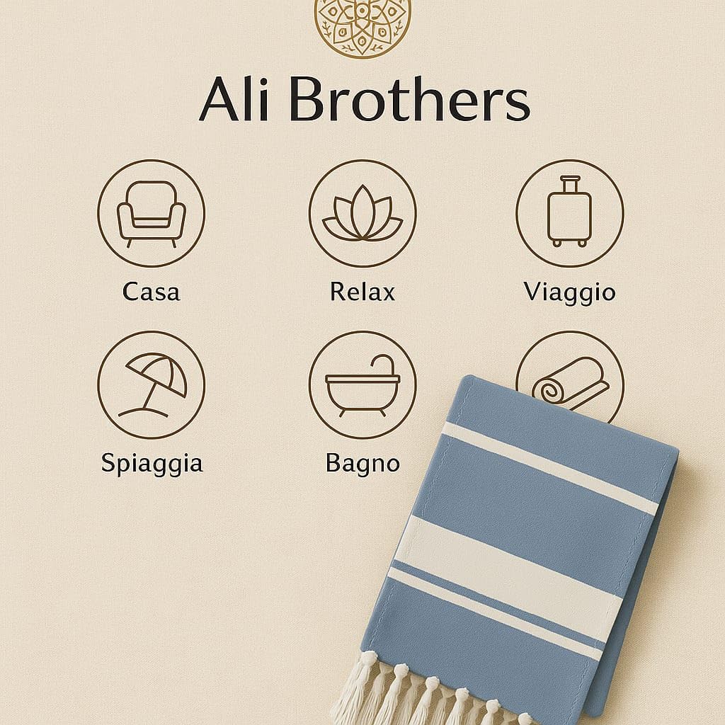 Ali Brothers Telo Mare Grande 90x170cm 100% Cotone – Asciugamano da Spiaggia con Frange – Antisabbia, Leggero, Assorbente e Compatto – Fouta per Hammam, Sauna, Viaggio, Piscina, Yoga, Campeggio,