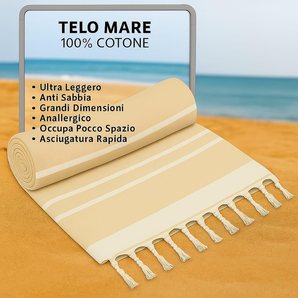 Ali Brothers Telo Mare Grande 90x170cm 100% Cotone – Asciugamano da Spiaggia con Frange – Antisabbia, Leggero, Assorbente e Compatto – Fouta per Hammam, Sauna, Viaggio, Piscina, Yoga, Campeggio,
