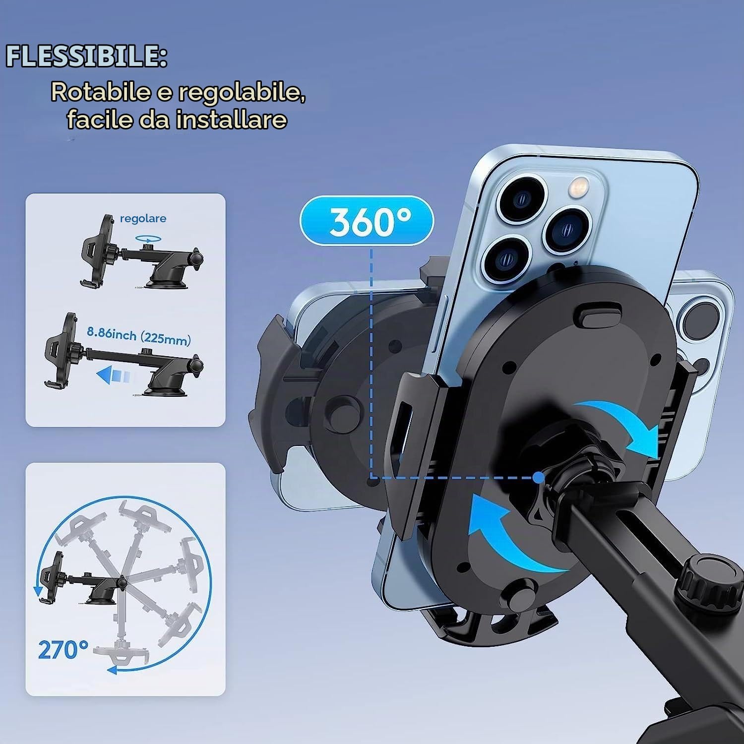 Porta Cellulare Auto Universale Cruscotto Parabrezza Bocchette, Accessori Auto 2025, Supporto Telefono Auto Rotazione 360 Gradi Porta Telefono Auto Regolabile con Ventosa per Telefono Forte Tenuta