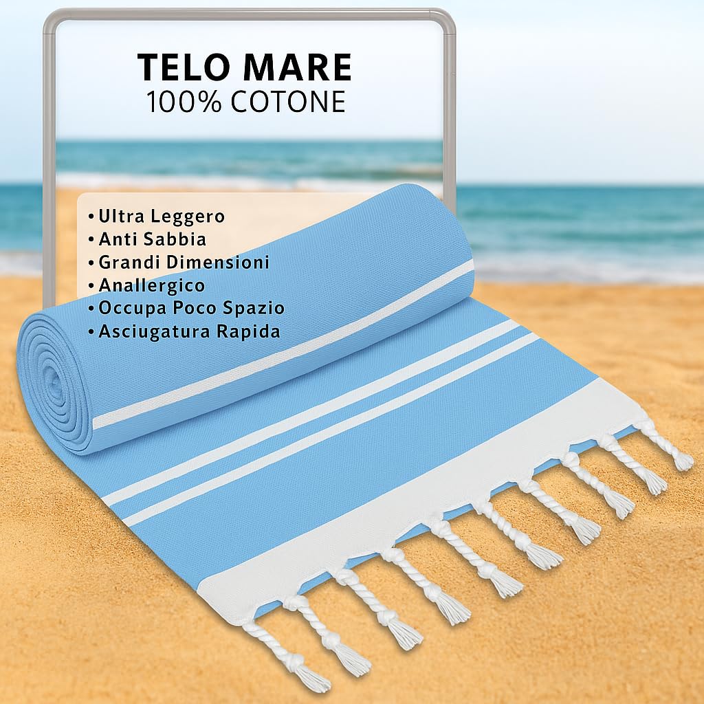 Ali Brothers Telo Mare Grande 90x170cm 100% Cotone – Asciugamano da Spiaggia con Frange – Antisabbia, Leggero, Assorbente e Compatto – Fouta per Hammam, Sauna, Viaggio, Piscina, Yoga, Campeggio,