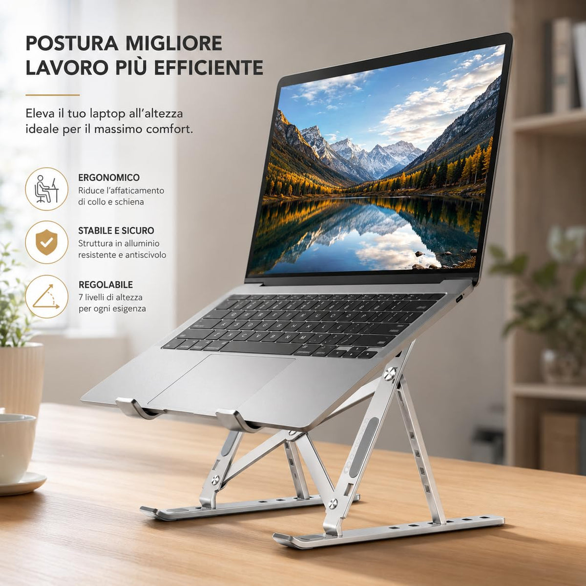 Ali Brothers Supporto per Laptop in Alluminio, Pieghevole e Portatile, Regolabile a 7 Livelli, Antiscivolo, Grigio, Finitura Metallica Anodizzata