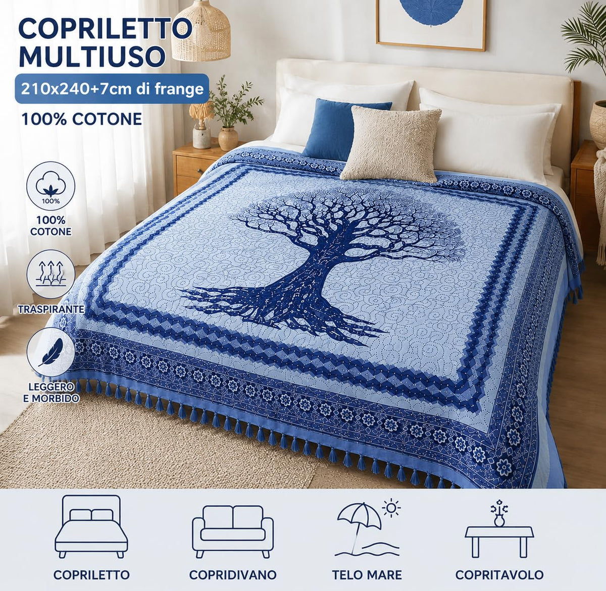 Ali Brothers Telo Mare Grande, cotone 210x230 cm+7cm frange| Telo Spiaggia antisabbia | Asciugamano Mare Fouta, frange e angoli - Pareo Donna Uomo Ragazzi | Pic Nic Beach Towel Coperta, lungo leggero