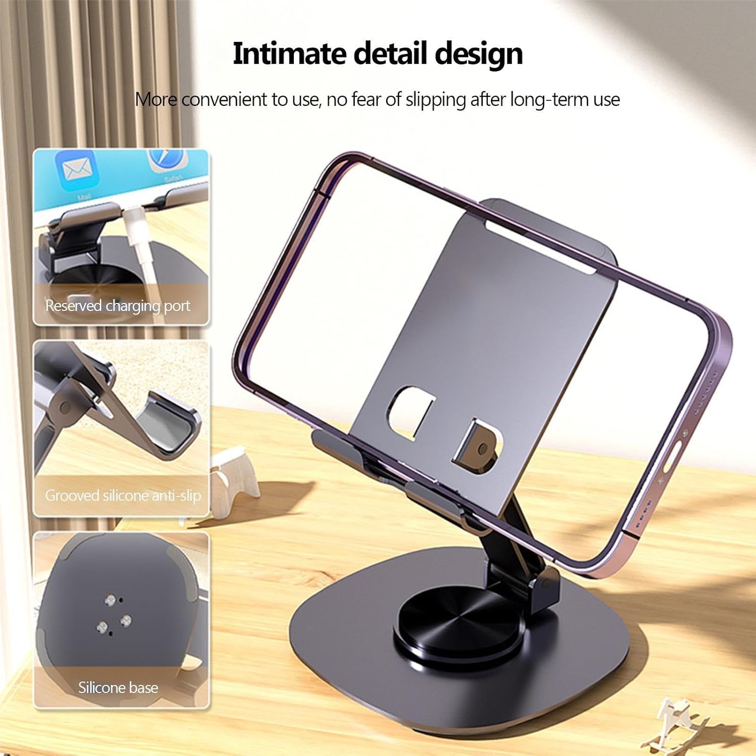 Supporto Telefono da Tavolo, Regolabile a 360° con Rotazione a 360°,Porta Cellulare con Fessura per Ricarica, per Scrivania, Ufficio e casa,, Multi-Angolo,, Porta Telefono Pieghevole in 100% Accaio