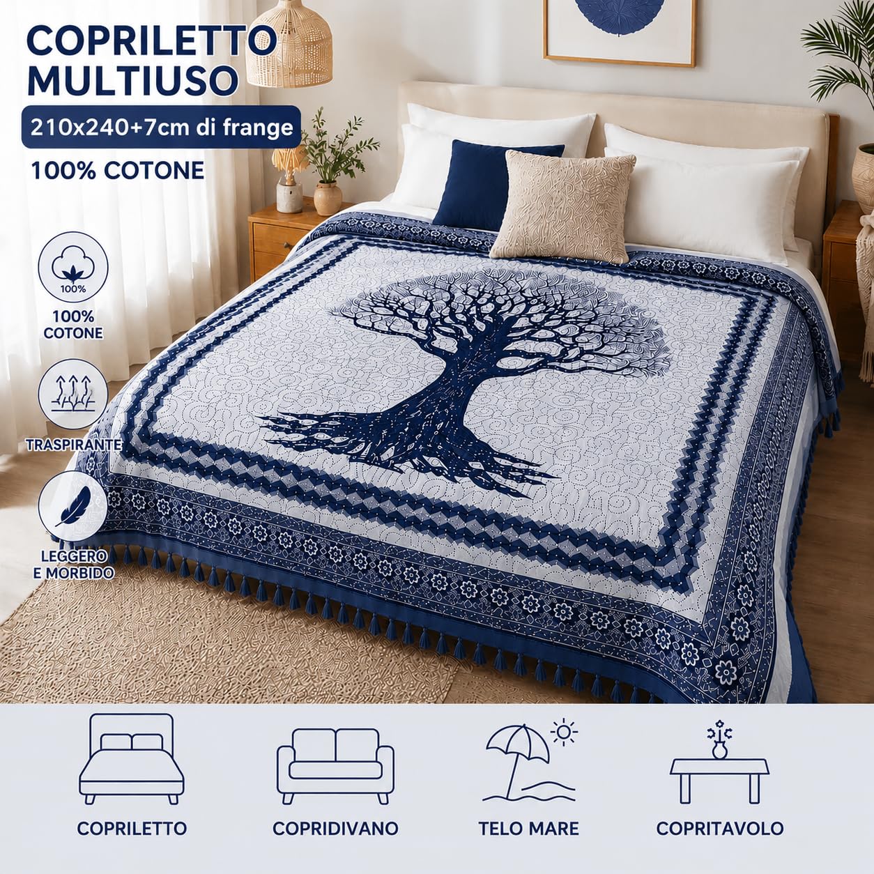 Ali Brothers Telo Mare Grande, cotone 210x230 cm+7cm frange| Telo Spiaggia antisabbia | Asciugamano Mare Fouta, frange e angoli - Pareo Donna Uomo Ragazzi | Pic Nic Beach Towel Coperta, lungo leggero